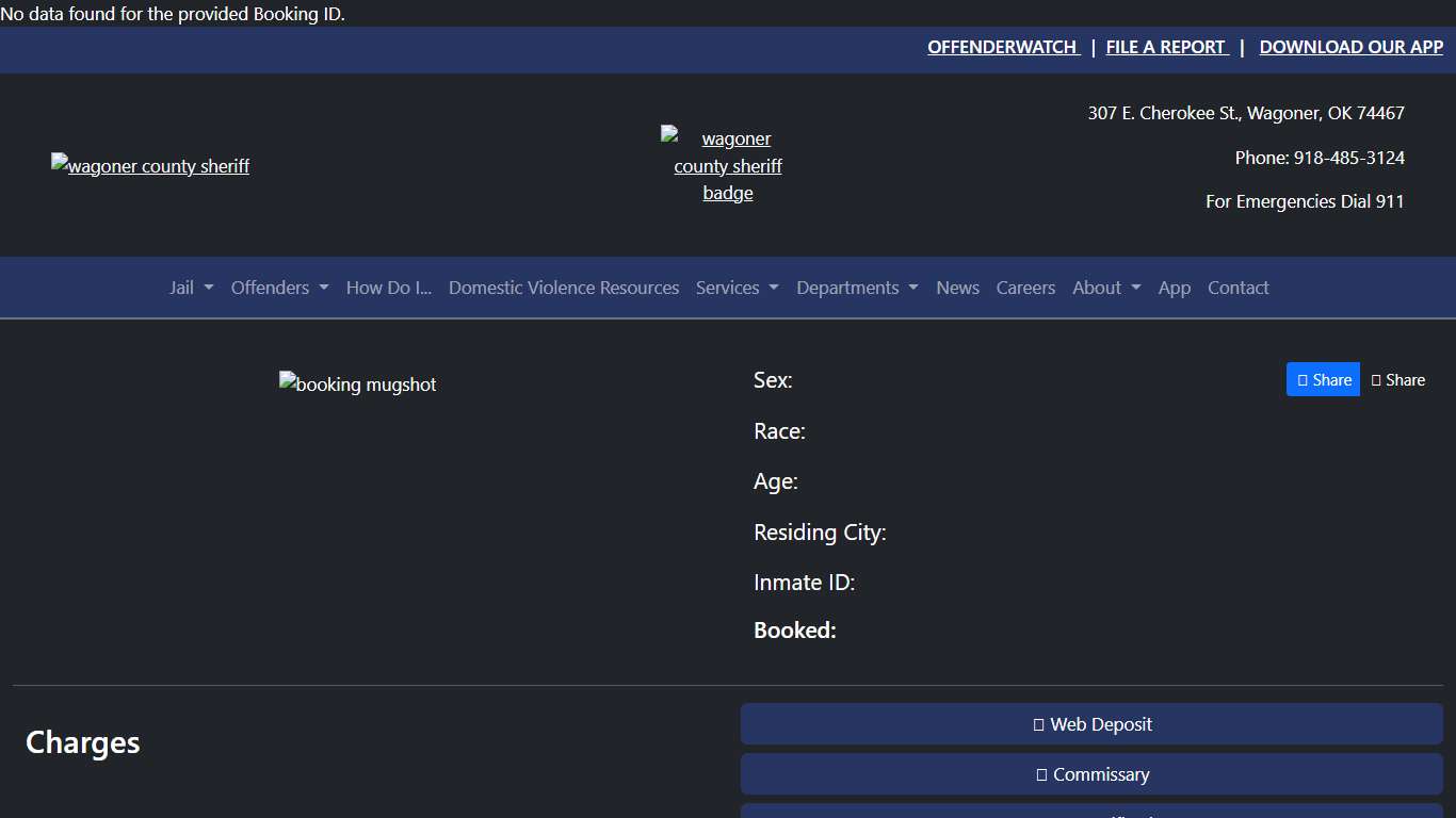 <br /> <b>Warning</b>: Undefined variable $FName in <b>/home/wagonercountyso/public_html/inmate.php</b> on line <b>22</b><br /> <br /> <b>Deprecated</b>: htmlspecialchars(): Passing null to parameter #1 ($string) of type string is deprecated in <b>/home/wagonercountyso/public_html/inmate.php</b> on line <b>22</b><br /> <br /> <b>Warning</b>: Undefined variable $LName in <b>/home/wagonercountyso/public_html/inmate.php</b> on line <b>22</b><br /> <br /> <b>Deprecated</b>: htmlspecialchars(): Passi